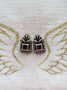 Sterling Silver Bali Stud Earrings with Garnet-Red Gemstones